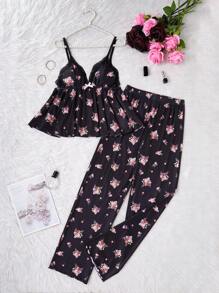 Lace Patchwork V-Neck Ditsy Floral Camisole And Long Pants Pajama Set - Black - View 7