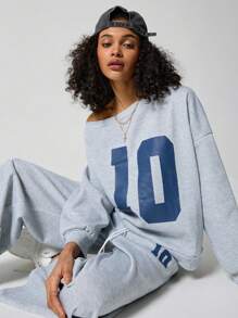 SHEIN EZwear Girls Y2K Preppy Daily Wear Number Printed Keep Warm Asymmetrical Neck Long Sleeve Sweatshirt And White Elastic Waistband Wide Leg Sweatpants