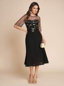 SHEIN Clasi Women's Embroidered Mesh Patchwork Dress, Elegant For Party WearGraduation Women Wedding Guest Dresses Women Beach Wear Women Resort Wear Sundresses Women Birthday Dresses Holiday Capes/Capes - Black - View 5