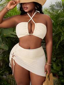 Slaydiva Conjunto de Maiô Tamanhos Grandes Feminino com 3 Peças: Top Cropped Estampa Jacquard Cor Sólida, Sainha com Amarração Vazada na Lateral - Damasco - Visão 5