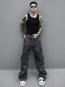 Manfinity EMRG Plus Size Men Casual Loose Pockets Street Style Denim Jeans - Black - View 5