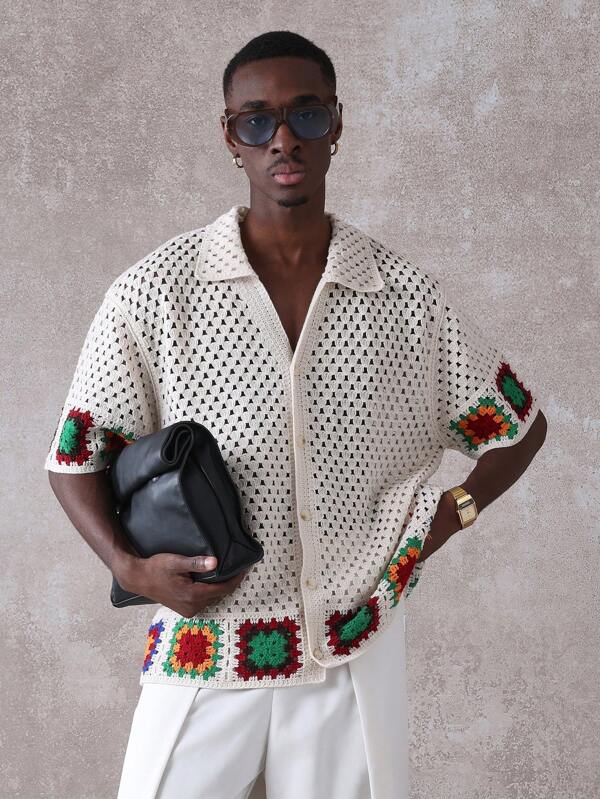 SUMWON Cămașă de lux croșetată cu nasturi în jos, vară, resort, ținută de tricotat cu mânecă scurtă, casual, plajă, vacanță, designer, model Granny Square, cu guler, top cu zăbrele