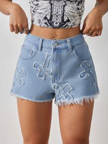 SHEIN Tall Street-Style Low-Waist Embroidered Frayed Hem Denim Shorts, Tall Women - Light Wash - View 3