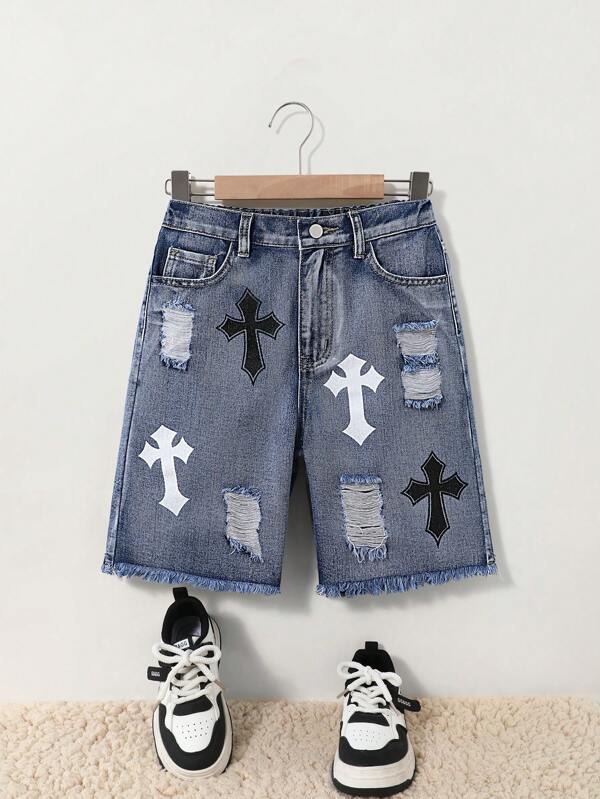 DENIMLY TWEEN BOY Fashion Distressed, Spray Painted Pony Personalized Print All-Match Commute Casual Street Vintage Light Wash Raw Hem Ripped Slim Denim Shorts, With Elastic Waistband,Button Closure