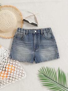SHEIN Tween Girls Casual Medium Wash Denim Shorts With Zipper Detail And Elastic Waistband For Summer,Tops Shrot Jeans Summer Holiday - Medium Wash - View 1