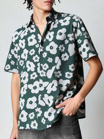 Street Life Camisa de manga corta holgada de hombre con contraste de color floral