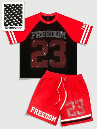 Street Life Men's Jersey Rhinestone Pattern Contrast Raglan Sleeve T-Shirt Set