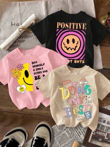 SHEIN 3pcs Tween Girls Casual Cartoon & Positive Smiling Slogan Printed Oversized Crew Neck Short Sleeve T-Shirts, Suitable For Summer