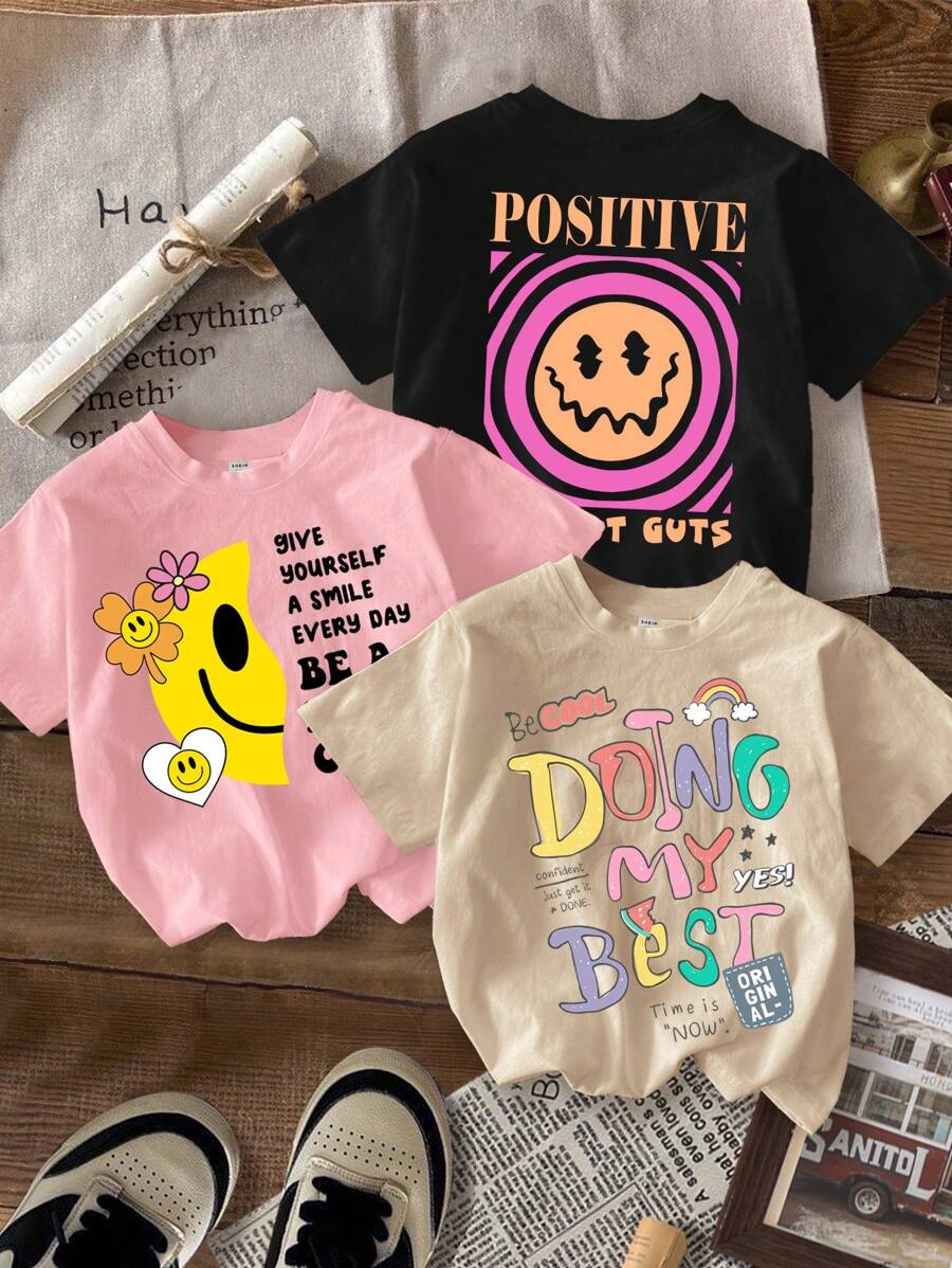 SHEIN 3pcs Tween Girls Casual Cartoon & Positive Smiling Slogan Printed Oversized Crew Neck Short Sleeve T-Shirts, Suitable For Summer