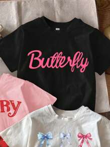SHEIN ModeFlare Wear 3pcs Young Girl Casual Minimalist Cartoon Bow & Cherry Letter Print Short Sleeve T-Shirt, Available In Black, White And Pink, Suitable For Summer And Autumn, School, Campus, College - Multicolor - View 6