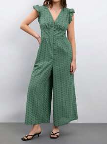 Maija 加大码女式V领刺绣荷叶袖连体裤，加大码女式西部装，荷叶边乡村音乐会服装，女士度假服装，女士夏季服装 - 墨綠色 - 查看 1