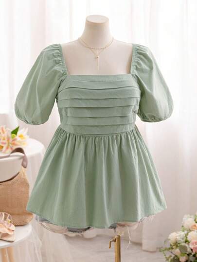 Soleia Plus Size Women's Green Linen Square Neck Puff Sleeve Smocked Waist A-Line Blouse, Summer Holiday Bohemian Boho Romantic Floral Vacation Floral , Square Neck Top