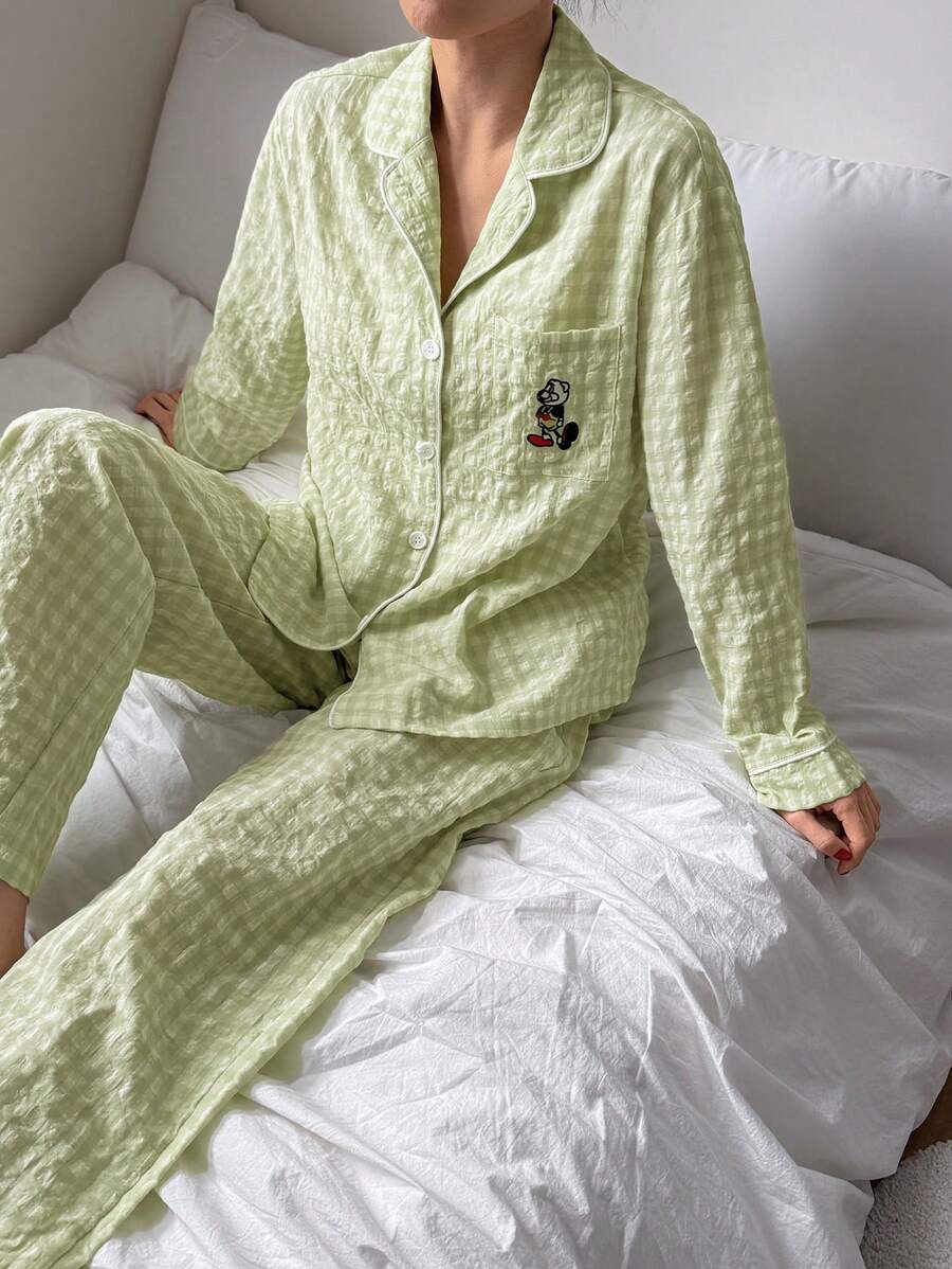 DAZY 2pcs Women Plaid Embroidery Pattern Long Sleeve Pajama Set - Mint Green - View 1