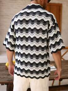Manfinity Homme Men's Summer Casual Contrast Color Button Front Hollow Out Knit Top - Black and White - View 2
