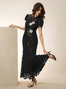 Anewsta 女士长裙，圆领，绣花腰部，短袖连衣裙，优雅百搭，合身 - 黑色 - 查看 1