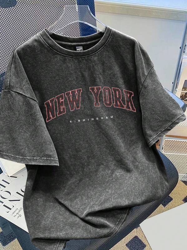 Manfinity Joysei Men's Vintage Style Knitted T-Shirt In Black With New York Birmingham Print Short Sleeves And A Comfortable Regular Fit