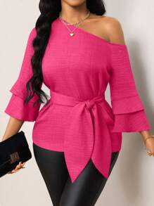 Lyxana 纯色牛仔效果不对称领口荷叶边袖系带衬衫