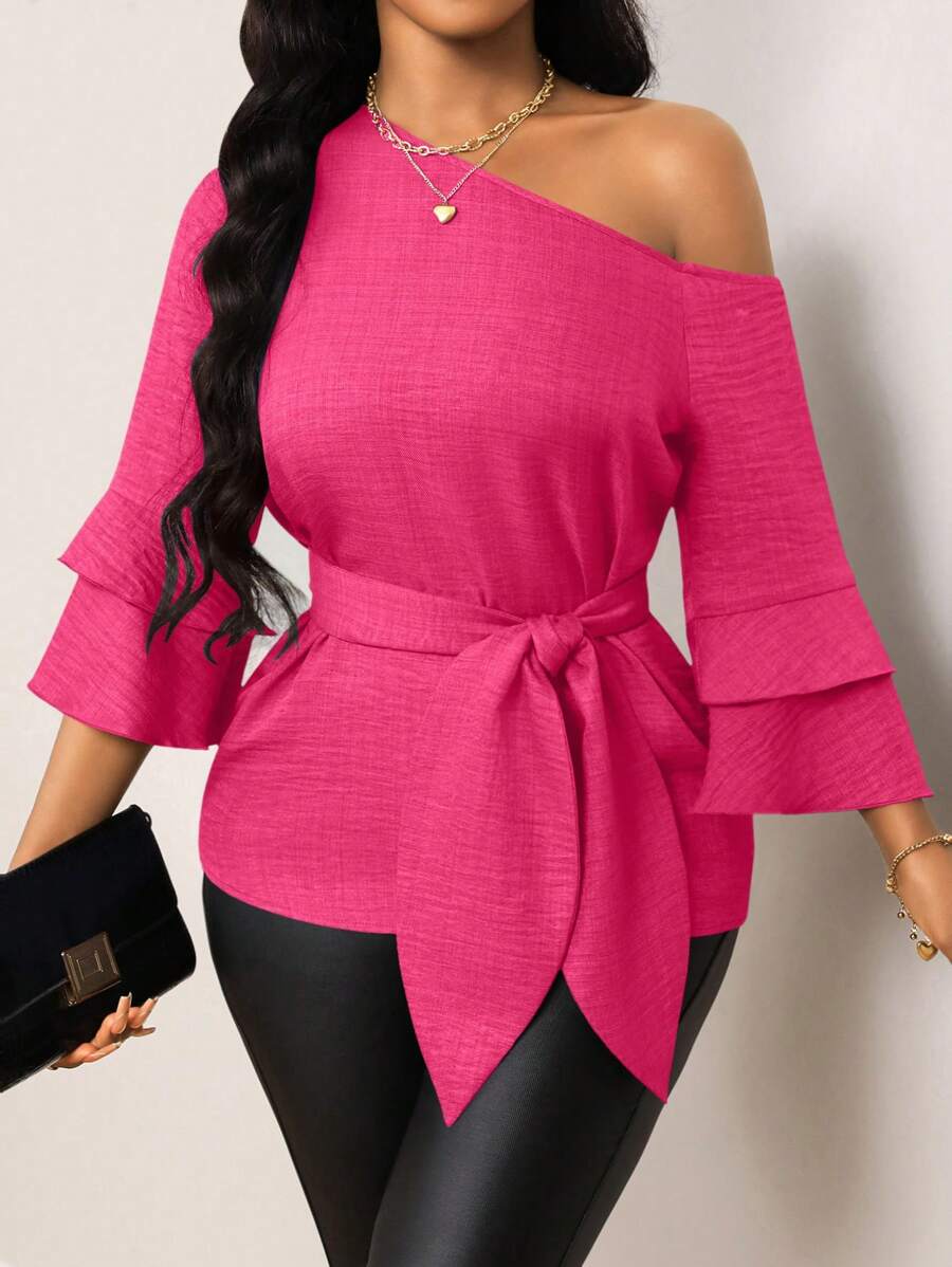 Lyxana 纯色牛仔效果不对称领口荷叶边袖系带衬衫