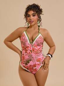 Travachic Plus Size Tropical Floral Print Halter Tie Front One Piece Swimsuit For Women Summer