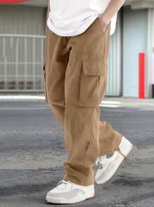 Manfinity Homme Quần ống đứng túi rút eo màu trơn thời trang thường ngày cho nam, mùa thu - Màu Khaki - Xem 6