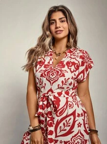 Freevana Vestido con estampado floral y cinturón talla grande