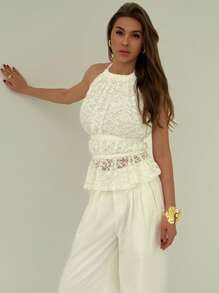 Aloruh Top canotta elegante con spalline incrociate e schiena scoperta, vita arricciata, stile romantico da vacanza