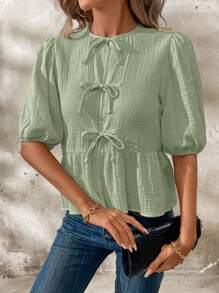 SHEIN Clasi Women's Summer Puff Sleeve Ruffle Hem Cute Peter Pan Collar Tie Front Blouse