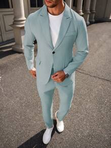 Manfinity Mode Men's Gentleman Business Single Breasted Suit Jacket And Pants Set - Dusty Blue - View 4