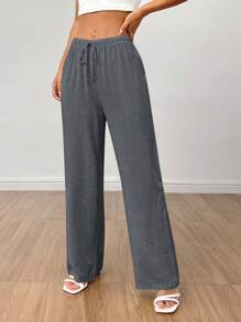 SHEIN PETITE Linne för kvinnor med hög midja sommarbyxor - Grå - Visa 3