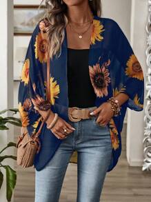 Sylviya Sunflower Print Batwing Sleeve Casual Kimono Cover-Up For Summer Vacation - Blue - View 4