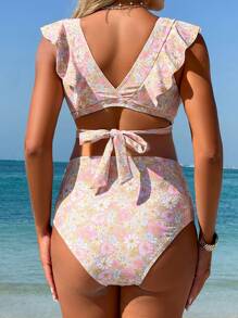 SHEIN Maternity Floral V-Neck Ruffle High Waist Bikini Set For Summer Beach Vacation - Multicolor - View 2