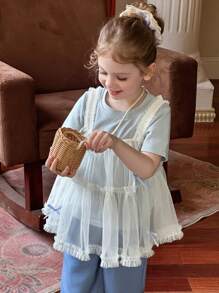 Hapijoa 2pcs/Set Girls(Small) Solid Color Undershirt With Mesh Overlay, Casual Summer Outfit