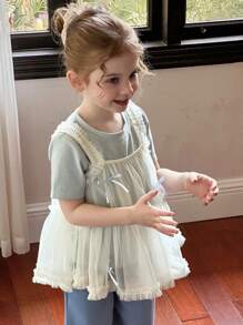Hapijoa 2pcs/Set Girls(Small) Solid Color Undershirt With Mesh Overlay, Casual Summer Outfit