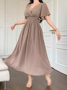 DAZY Women's Solid Color V-Neck Cinched Waist Ruffle Sleeve Elegant Dress, Summer