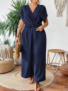 SHEIN Holidaya Elegante jumpsuit a tinta unita con scollo a V e pieghe sulla parte anteriore, per taglie curvy, stile casual da pendolare, adatto per primavera ed estate