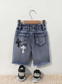 DENIMLY YOUNG BOY 时尚破洞喷漆小马个性印花百搭通勤休闲街头复古浅色水洗毛边破洞修身牛仔短裤，松紧腰带，纽扣开合 - 淺色水洗藍 - 查看 8