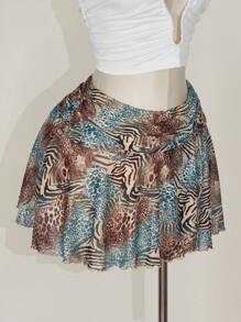 SHEIN ICON Women's Plus Leopard Print Ruched Waist Side Slit A-Line Mini Skirt, Suitable For Party, Date, Street, Vacation, Music Festival, Beach, Summer - Multicolor - View 6