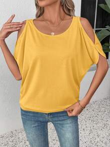 EMERY ROSE Summer Casual Solid Color One-Shoulder Round Neck Short Sleeve T-Shirt - Coral Orange - View 6