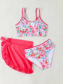 Tween Girl Floral Print Bikini Set With Cover Up Skirt - Black and White - View 5