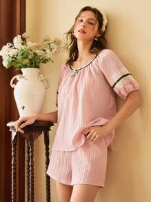 Côtesoire Pink Shorts And Lace Patchwork Short Sleeve Top Pajama Set - Pink - View 1