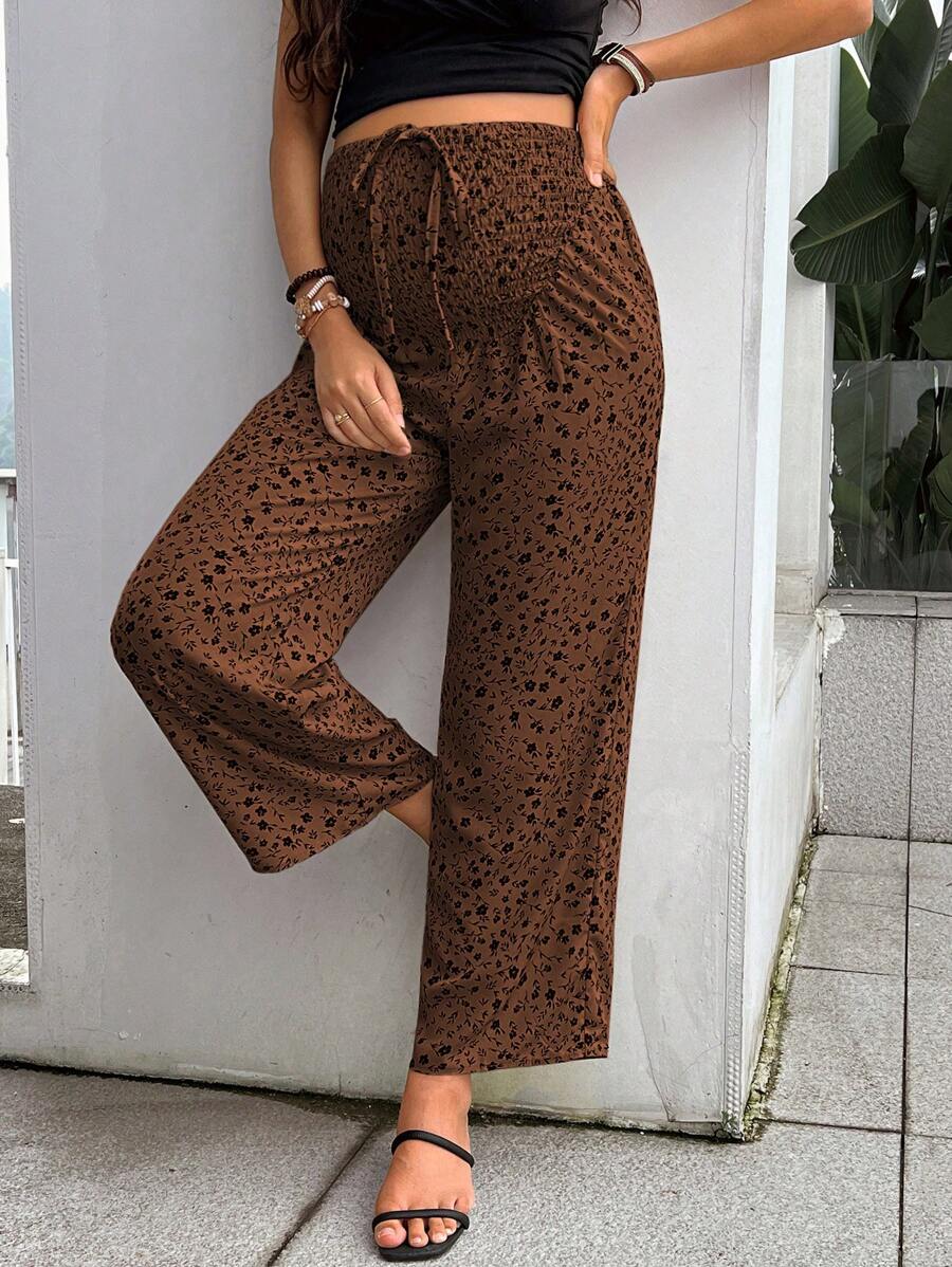 SHEIN Maternity Floral Print High Waist Loose Fit Flared Leg Pants, Spring/Summer - Brown - View 1