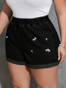 SHEIN LUNE 大码夏季休闲刺绣流苏牛仔短裤 - 黑色 - 查看 4