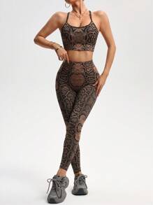 Gameset SHEIN Sport 2pcs Snakeskin Pattern Fitted Athletic Wear Set - High Waist, Enhances Curves Workout Women Sets - Khaki - View 4