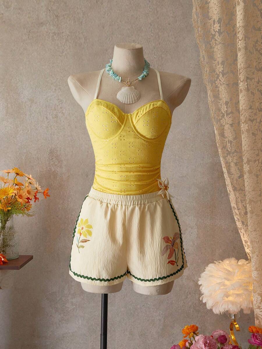 SHEIN Swim 1 件女士纯色细肩带连体泳衣,夏季时尚 - 黃色 - 查看 1