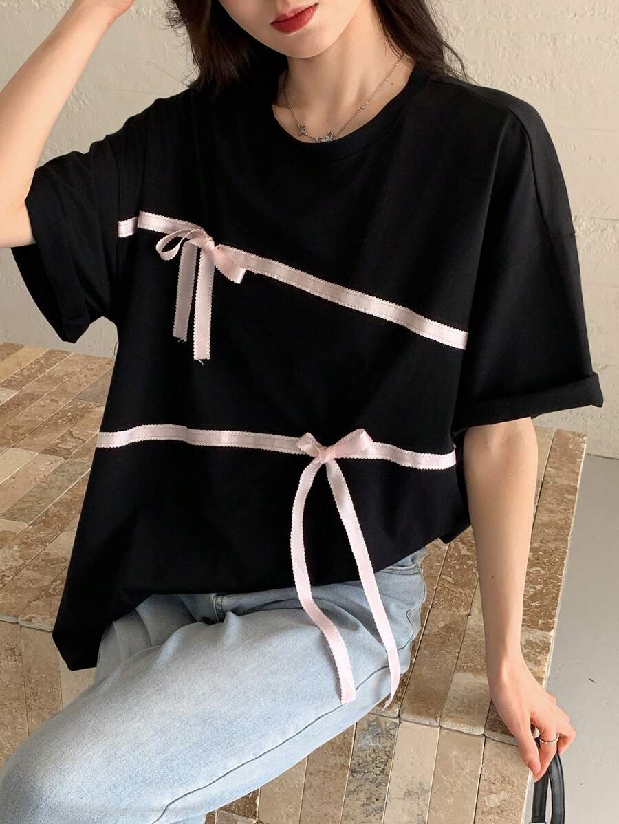 DAZY 女士夏季拼接大蝴蝶结宽松休闲短袖T恤可爱上衣