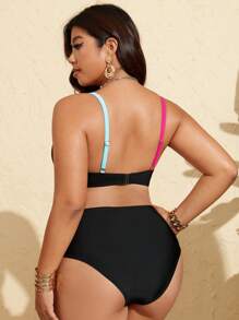 Swim Lushoire 加大码女式两件套交叉肩带加垫文胸上衣和高腰褶饰三角泳衣套装，性感沙滩装 - 黑色 - 查看 2