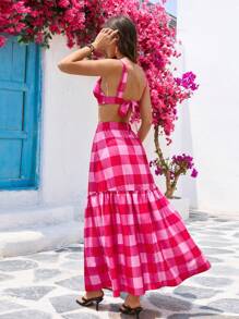 Vivid Eden 2 件女士格子印花吊带背心和迷你裙套装，夏季假日 - 粉色 - 查看 2