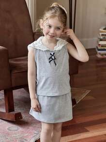 DAZY Set de 2 piezas de conjunto de niña joven con camiseta sin mangas con capucha + minifalda, para verano - Gris - Ver 6