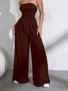 SHEIN Unity Bộ đồ liền thân ống rộng xếp ly màu trơn đơn giản - màu nâu - Xem 5
