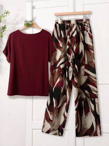 Rusticease Women Solid Color Round Neck Short Sleeve Top And Flower Print Wide Leg Pants Set For Summer Two Pieces Outfits Linen Cute Summer Top - Red - View 2